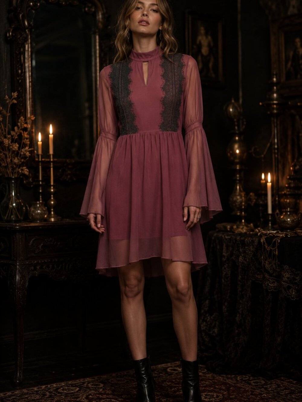 Sheer Purple Lace-Trim Dark Romance Dress Sz M